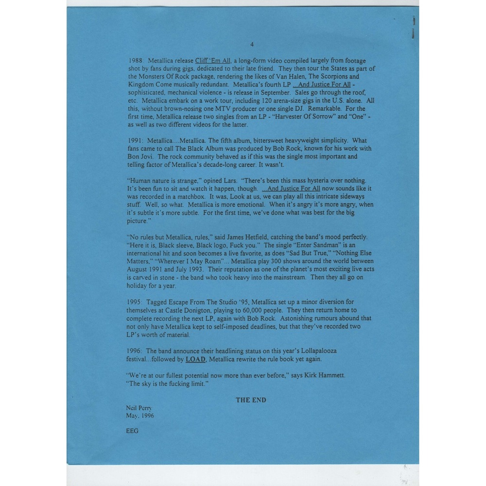 Vintage 1996 Metallica Load Press Release Bio Elektra Entertainment 4-Page Promo - Picture 4 of 4